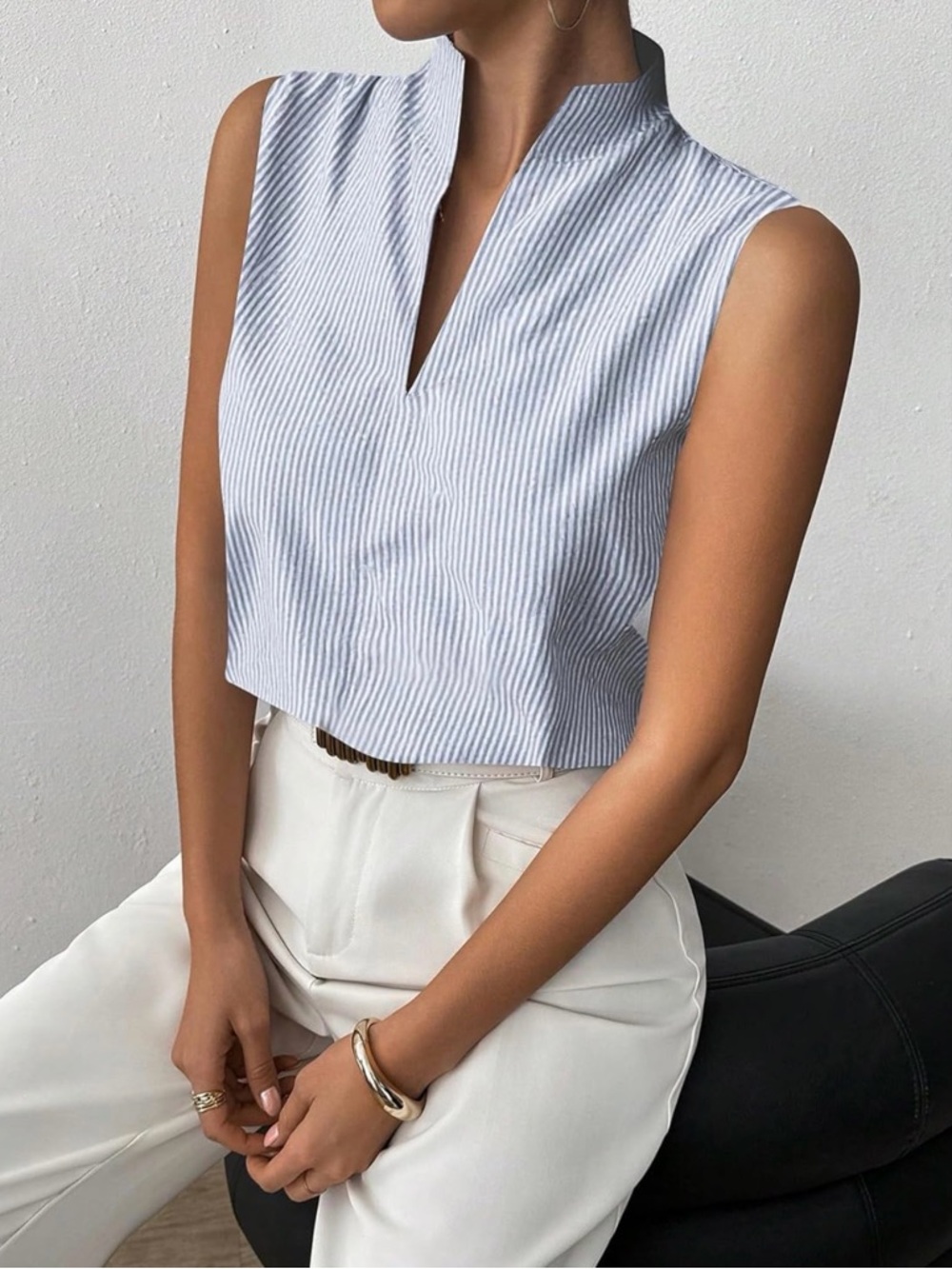 Sleeveless Blue-White Striped Notch Neck Women's Top